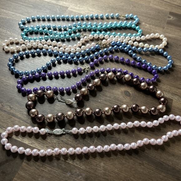 Rmn Jewelry - Pearl (faux?) Necklace Lot Of 7 Some Double Knotted Marked RMN (2) Pink Purple